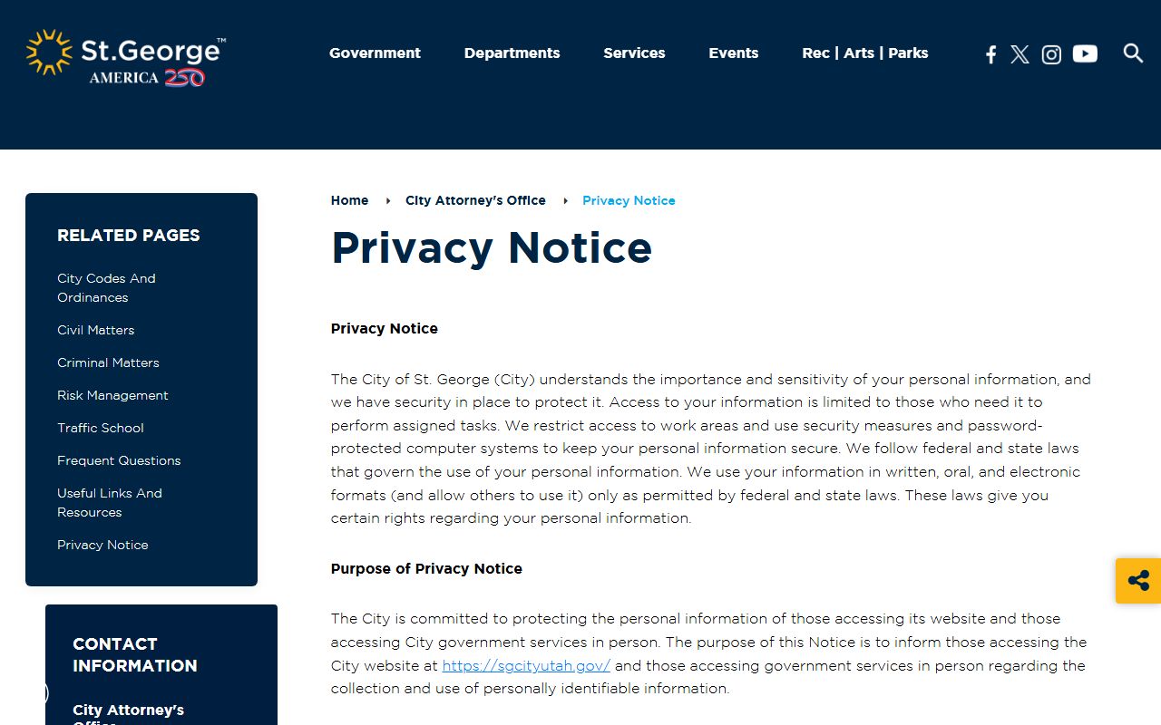 St. George City Attorney privacy notice page for St. George booking reports