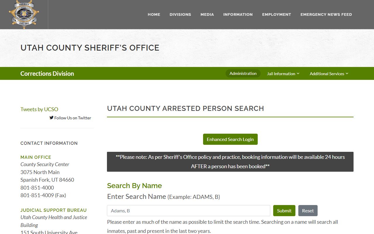 Utah County Sheriff inmate search tool for booking reports