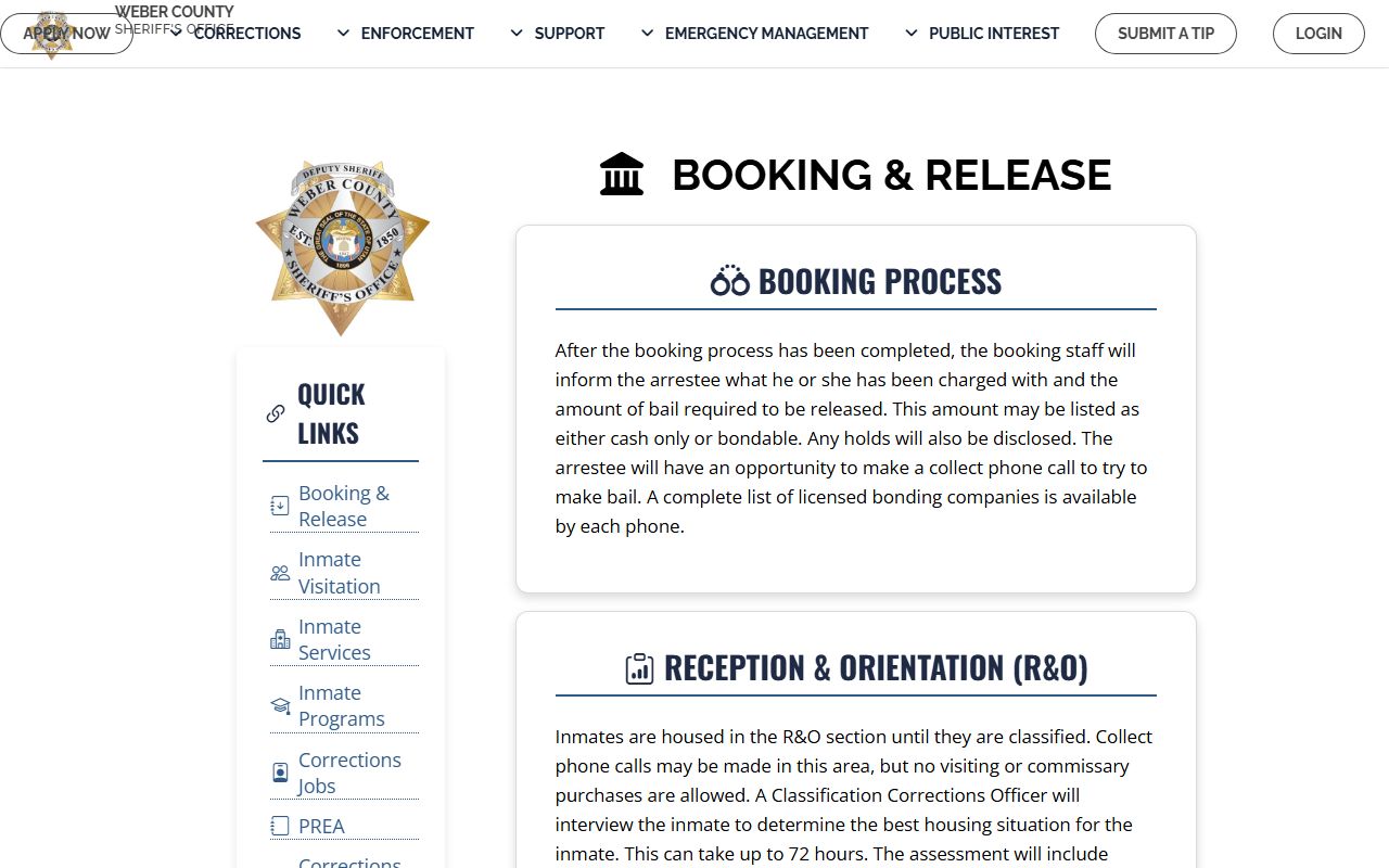 Weber County Sheriff booking process details