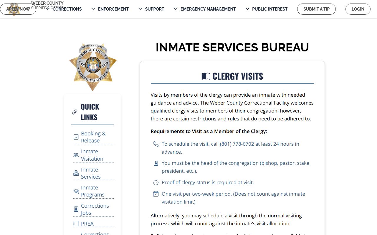 Weber County Sheriff inmate services information