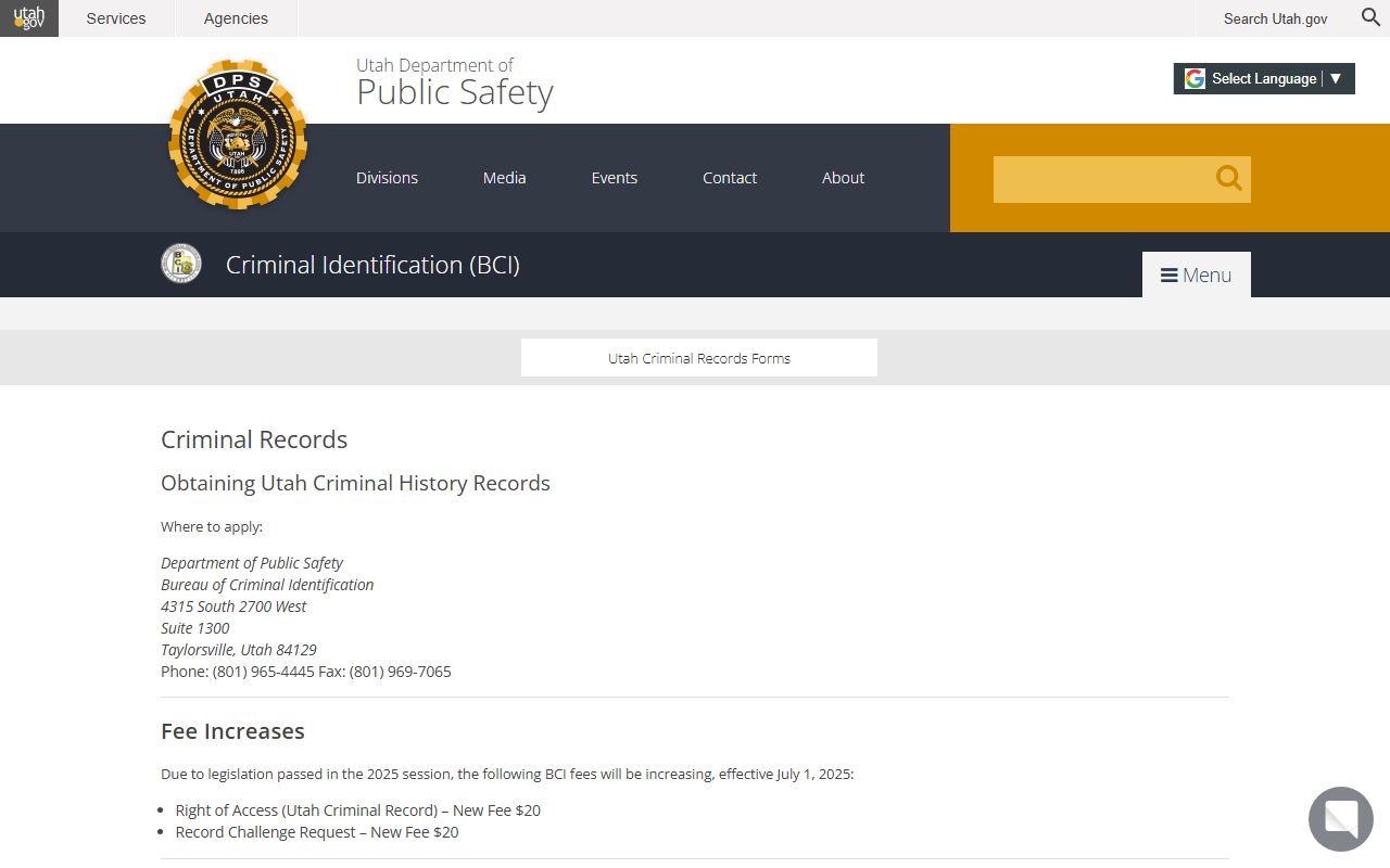 BCI criminal records page for requesting Utah booking reports