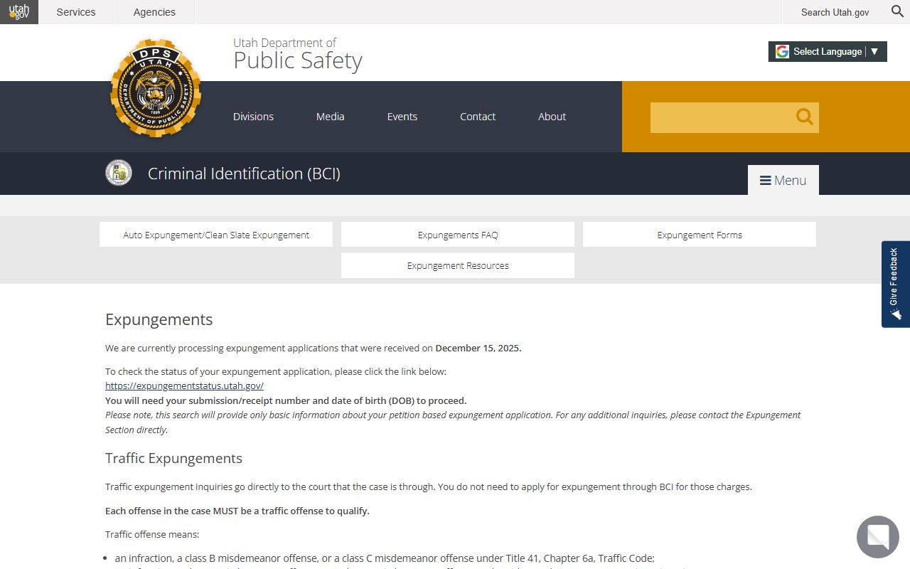 BCI expungement information page for Utah criminal records
