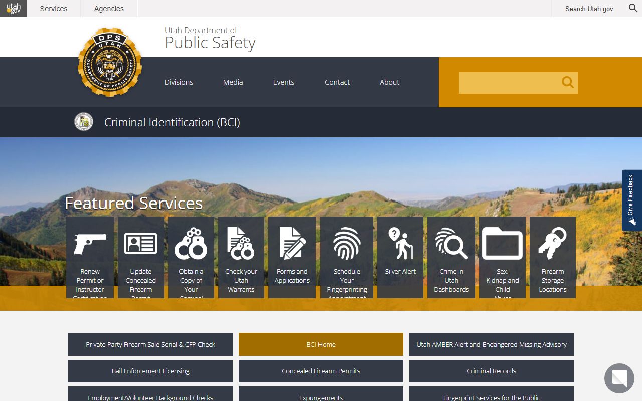 Utah Bureau of Criminal Identification homepage for booking reports and criminal records