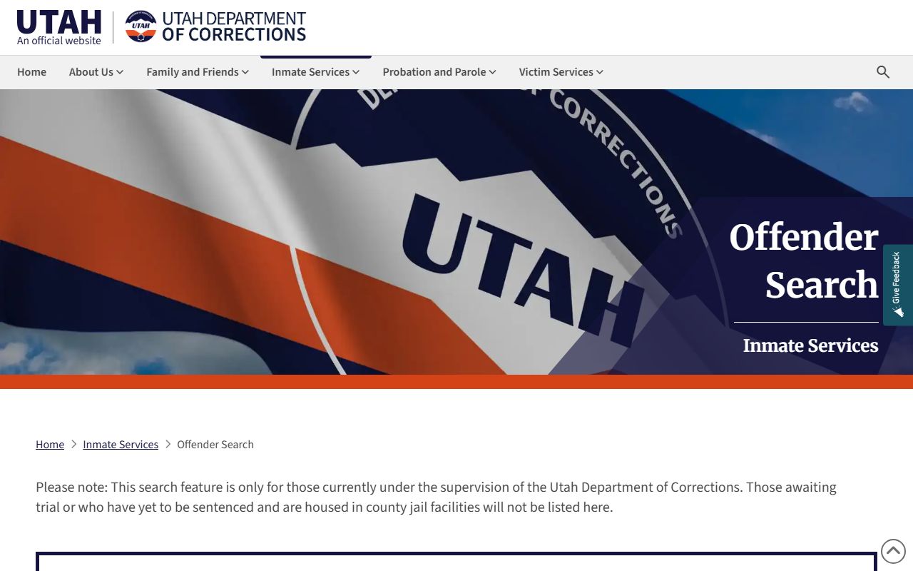 Utah Department of Corrections offender search tool for booking reports